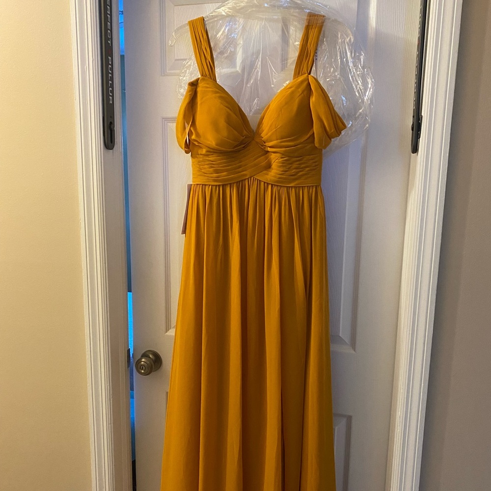 Azazie floor length gown. Lianne style. Marigold / Butterscotch color, size 2/3
